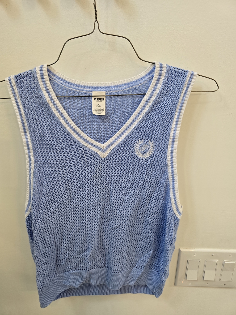 PINK Light Blue Knit Mesh Sweater Vest with White Trim